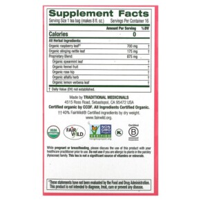 Thành phần vi chất của Traditional Medicinals Organic Pregnancy Tea Raspberry Leaf Caffeine Free 16 Wrapped Tea Bags 0.06 oz (1.75 g) Each 032917000125