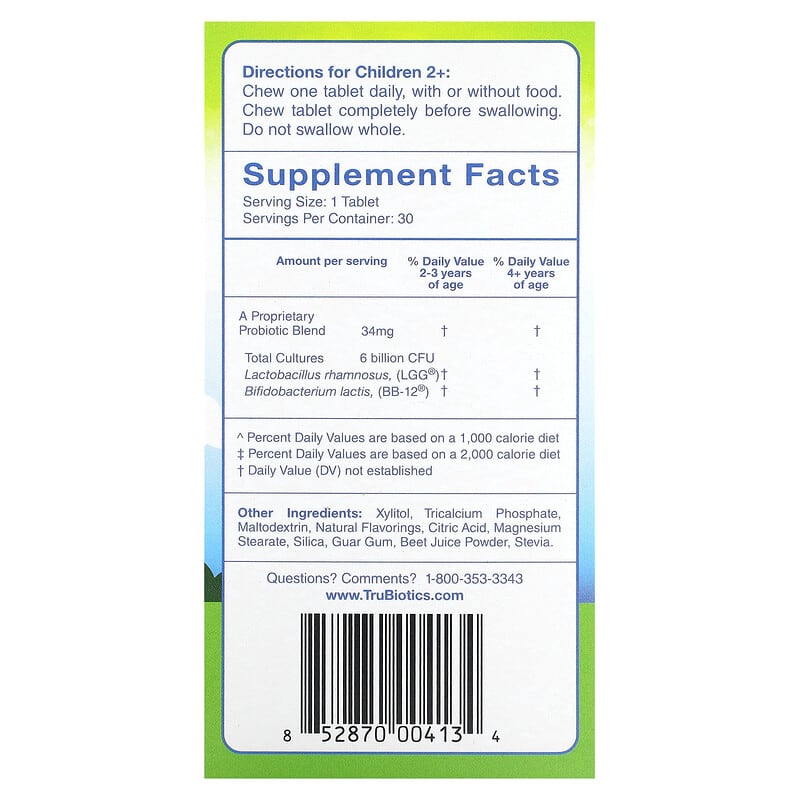 TruBiotics Kids Digestive + Immune Health Chewables Strawberry 30 Chewable Tablets 2 Thành phần vi chất của TruBiotics Kids Digestive + Immune Health Chewables Strawberry 30 Chewable Tablets 852870004134