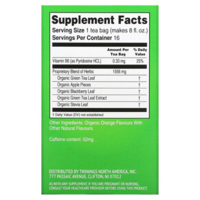 Thành phần vi chất của Twinings Energy+ Green Tea Citrus & Apple 16 Tea Bags 1.02 oz (29 g) 070177229351