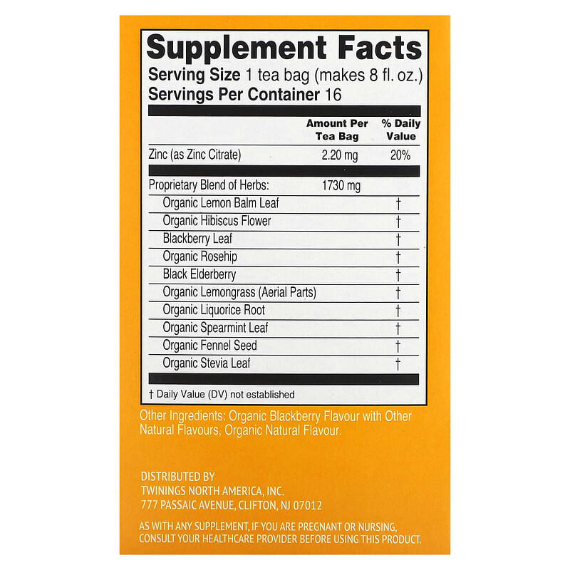 Twinings Superblends Immune Support+ Hibiscus & Elderberry Herbal Tea Blackberry Caffeine-Free 16 Tea Bags 1.12 oz (32 g) 2 Thành phần vi chất của Twinings Superblends Immune Support+ Hibiscus & Elderberry Herbal Tea Blackberry Caffeine-Free 16 Tea Bags 1.12 oz (32 g) 070177230173