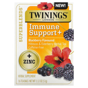 Thực phẩm chức năng Twinings Superblends Immune Support+ Hibiscus & Elderberry Herbal Tea Blackberry Caffeine-Free 16 Tea Bags 1.12 oz (32 g) 070177230173