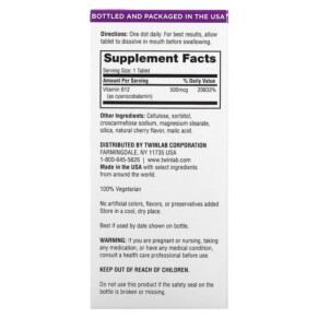 Thành phần vi chất của Twinlab B12 Dots Cherry 500 mcg 250 Tablets 027434006095