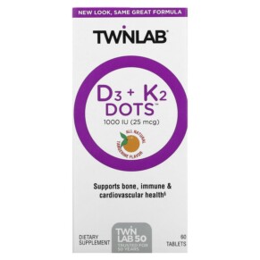 Thực phẩm chức năng Twinlab D3 Dots + K2 All-Natural Tangerine 1000 IU (25 mcg) 60 Tablets 027434031622