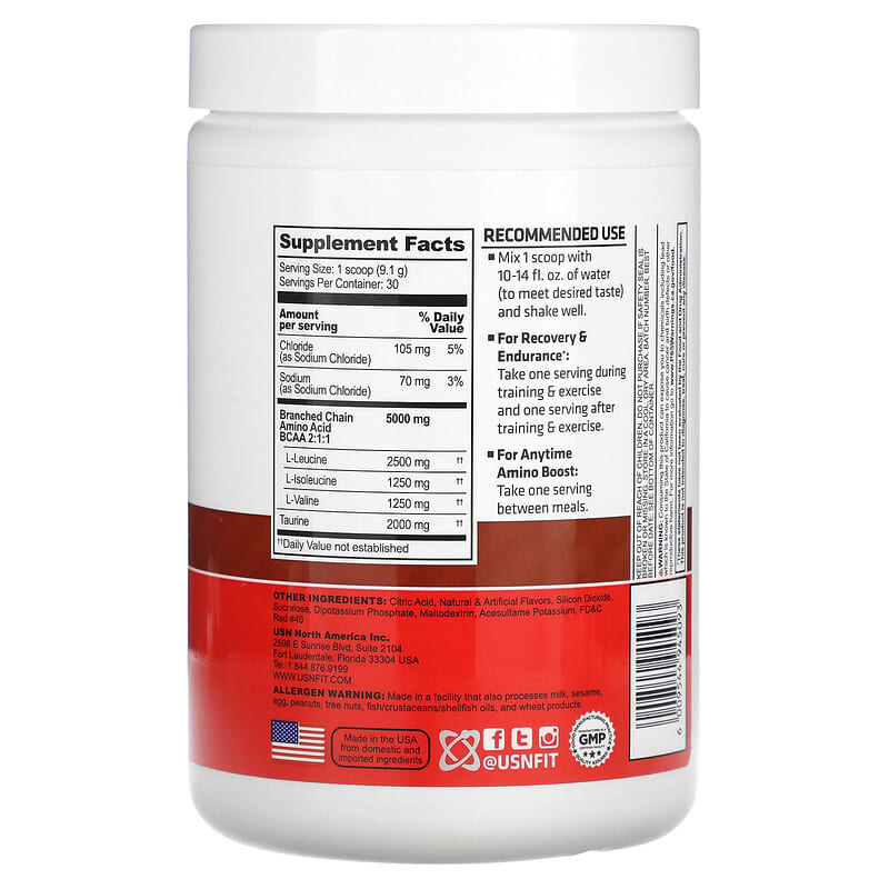 USN BCAA Amino+ Recovery & Endurance Powder Fruit Punch 9.63 oz (273 g) 2 Thành phần vi chất của USN BCAA Amino+ Recovery & Endurance Powder Fruit Punch 9.63 oz (273 g) 6009544945093