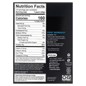 Thành phần vi chất của Vega Sport Plant-Based Premium Protein Chocolate 12 Pack 1.6 oz (44 g) Each 838766008660