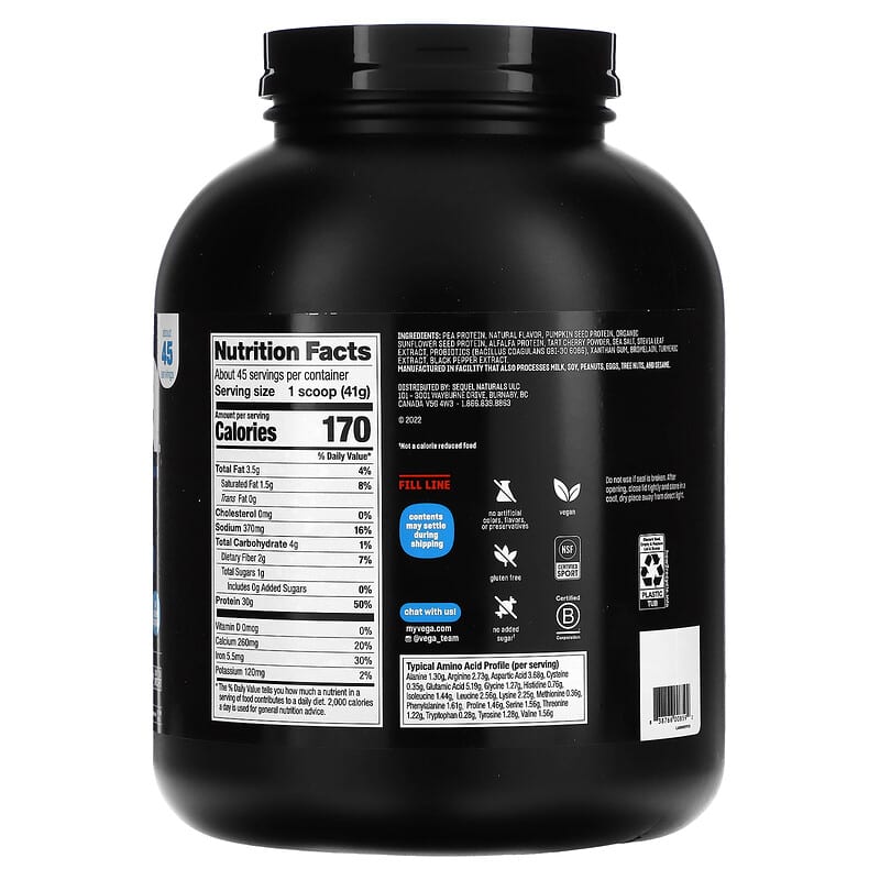 Vega Sport Plant-Based Premium Protein Powder Vanilla 4 lb 1.8 oz (1.86 kg) 2 Thành phần vi chất của Vega Sport Plant-Based Premium Protein Powder Vanilla 4 lb 1.8 oz (1.86 kg) 838766008592