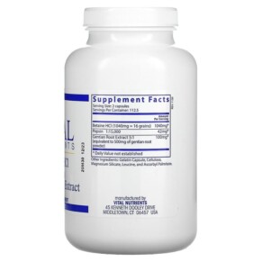 Thành phần vi chất của Vital Nutrients Betaine HCl Pepsin Gentian Root Extract 225 Capsules 693465425114