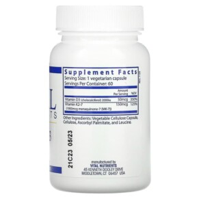 Thành phần vi chất của Vital Nutrients K2-7 + D3 60 Vegetarian Capsules 693465549117