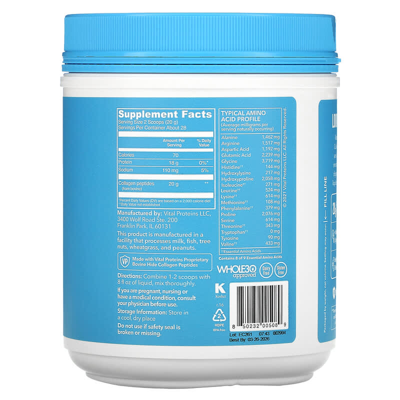 Vital Proteins Collagen Peptides Unflavored 1.25 lbs (567 g) 2 Thành phần vi chất của Vital Proteins Collagen Peptides Unflavored 1.25 lbs (567 g) 850232005089