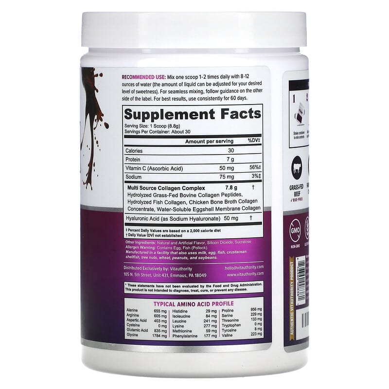 Vitauthority Multi Collagen Protein Plus Vitamin C Hyaluronic Acid Chocolate 9.3 oz (264 g) 2 Thành phần vi chất của Vitauthority Multi Collagen Protein Plus Vitamin C Hyaluronic Acid Chocolate 9.3 oz (264 g) 856360008381