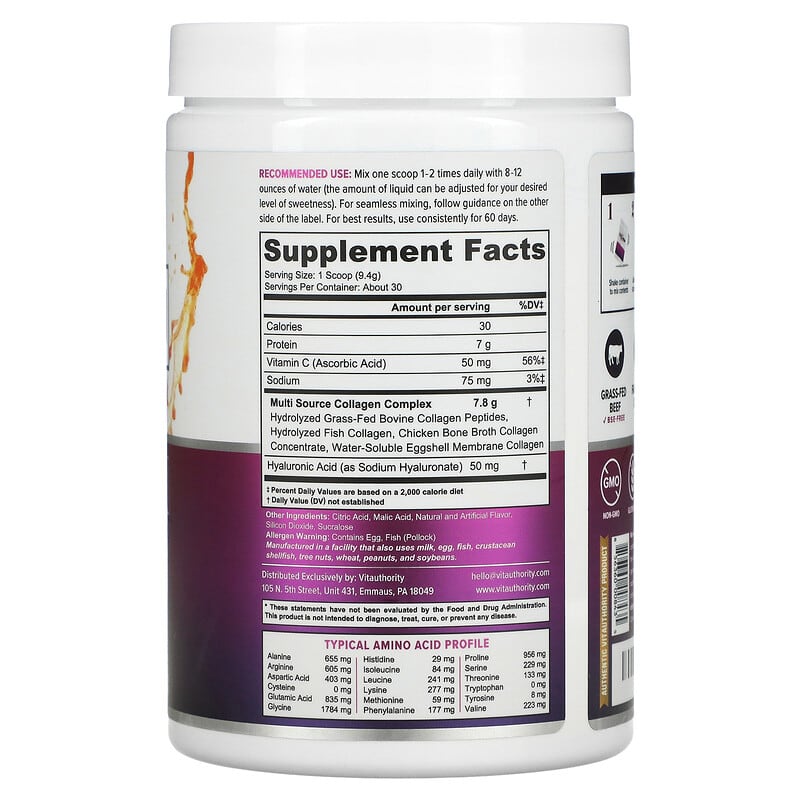 Vitauthority Multi Collagen Protein Plus Vitamin C Hyaluronic Acid Tropical Punch 9.9 oz (282 g) 2 Thành phần vi chất của Vitauthority Multi Collagen Protein Plus Vitamin C Hyaluronic Acid Tropical Punch 9.9 oz (282 g) 856360008435