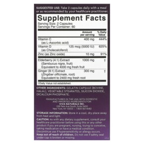 Thành phần vi chất của Viva Naturals Elderberry Vitamin C + Zinc 5 in 1 Immune Support 120 Capsules 811067031780