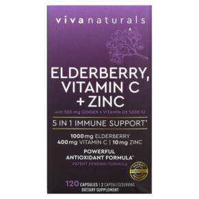 Thực phẩm chức năng Viva Naturals Elderberry Vitamin C + Zinc 5 in 1 Immune Support 120 Capsules 811067031780