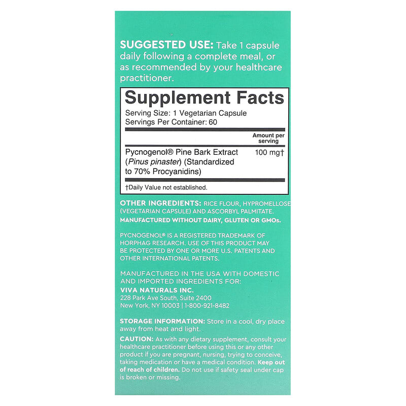 Viva Naturals French-Maritime Pycnogenol 100 mg 60 Veggie Capsules 2 Thành phần vi chất của Viva Naturals French-Maritime Pycnogenol 100 mg 60 Veggie Capsules 753940520359