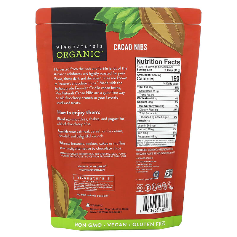 Viva Naturals Organic Cacao Nibs 1 lb (454 g) 2 Thành phần vi chất của Viva Naturals Organic Cacao Nibs 1 lb (454 g) 700465936974