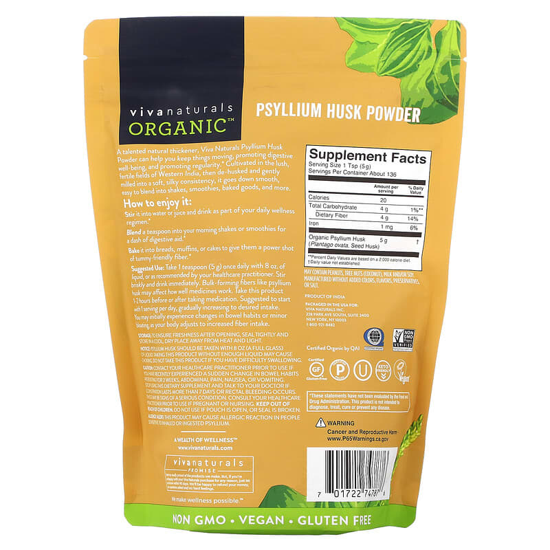 Viva Naturals Organic Psyllium Husk Powder 24 oz (680 g) 2 Thành phần vi chất của Viva Naturals Organic Psyllium Husk Powder 24 oz (680 g) 701722747876