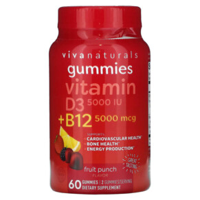 Thực phẩm chức năng Viva Naturals Vitamin D3 + B12 Fruit Punch 60 Gummies 811067031803