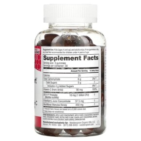 Thành phần vi chất của Wedderspoon Manuka Honey Immune Support Berry 90 Gummies 814422023390
