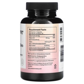 Thành phần vi chất của Wholesome Story Myo & D-Chiro Inositol with MTHF Folate + Vitamin D 120 Vegetarian Capsules 860003257814