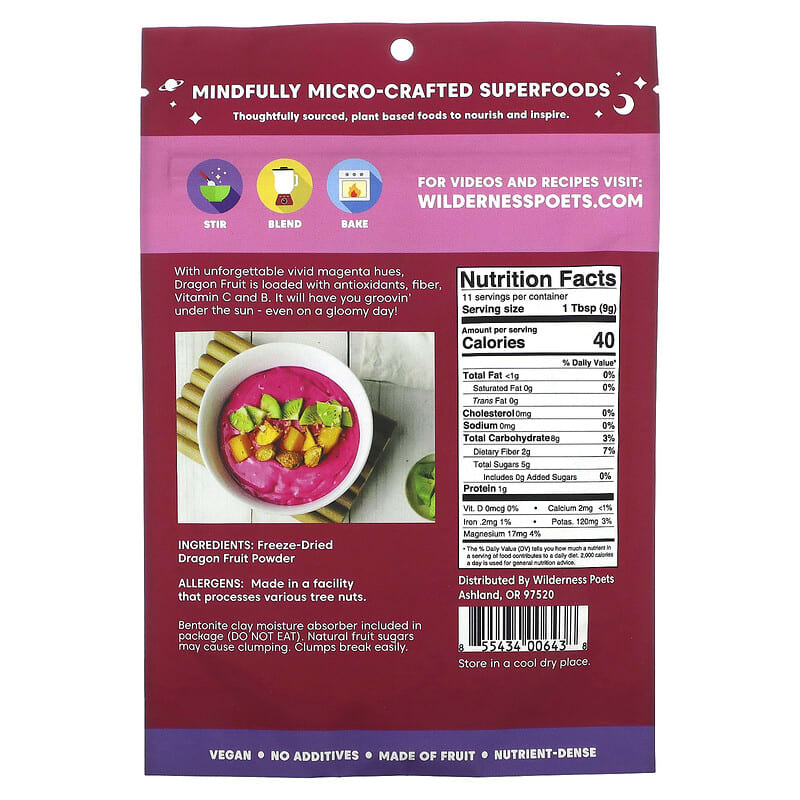 Wilderness Poets LLC Freeze Dried Dragon Fruit Powder 3.5 oz (99 g) 2 Thành phần vi chất của Wilderness Poets LLC Freeze Dried Dragon Fruit Powder 3.5 oz (99 g) 855434006438