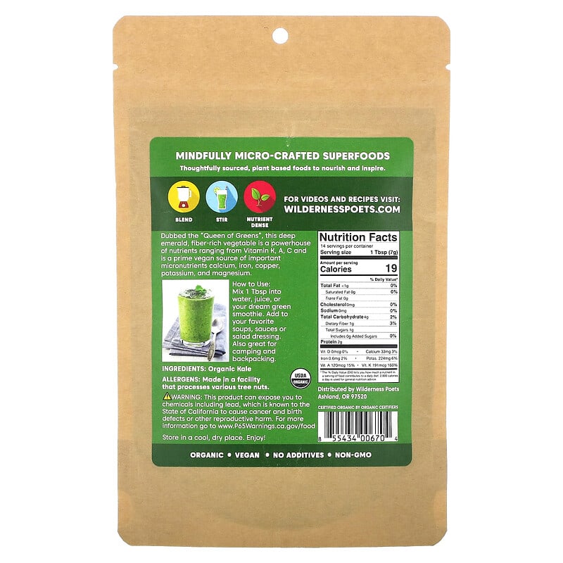 Wilderness Poets LLC Kale Powder 3.5 oz (99 g) 2 Thành phần vi chất của Wilderness Poets LLC Kale Powder 3.5 oz (99 g) 855434006704