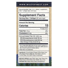 Thành phần vi chất của Wiley's Finest Wild Alaskan Fish Oil Peak EPA 1.250 mg 30 Fish Softgels 857188004012