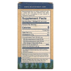 Thành phần vi chất của Wiley's Finest Wild Alaskan Fish Oil Vitamin K2 650 mg 60 Fish Softgels 857188004340