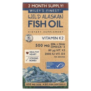 Thực phẩm chức năng Wiley's Finest Wild Alaskan Fish Oil Vitamin K2 650 mg 60 Fish Softgels 857188004340