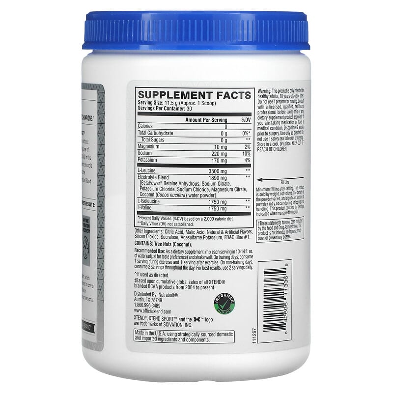 Xtend Sport 7G BCAA Blue Raspberry Ice 12.2 oz (345 g) 2 Thành phần vi chất của Xtend Sport 7G BCAA Blue Raspberry Ice 12.2 oz (345 g) 842595113365