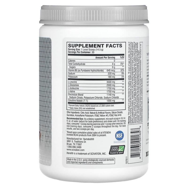 Xtend The Original 7G BCAA Italian Blood Orange 15.3 oz (435 g) 2 Thành phần vi chất của Xtend The Original 7G BCAA Italian Blood Orange 15.3 oz (435 g) 812135021658