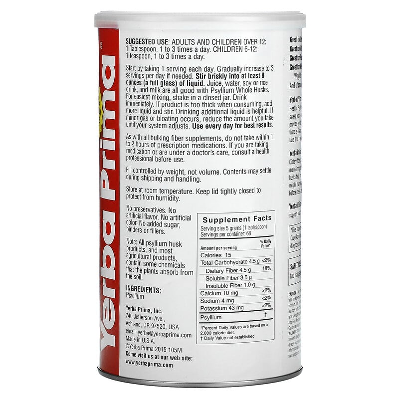 Yerba Prima Psyllium Whole Husks Colon Cleanser 12 oz (340 g) 2 Thành phần vi chất của Yerba Prima Psyllium Whole Husks Colon Cleanser 12 oz (340 g) 046352001050