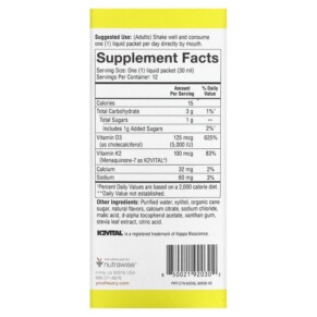Thành phần vi chất của Youtheory K2D3 On Th Go Peach 12 Packets 1 fl oz (30 ml) Each 850021920302