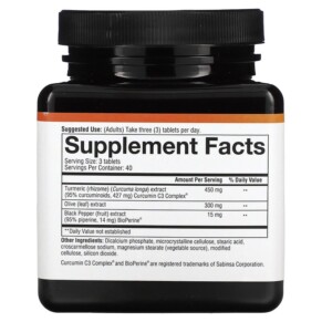 Thành phần vi chất của Youtheory Turmeric 120 Tablets 853244003371