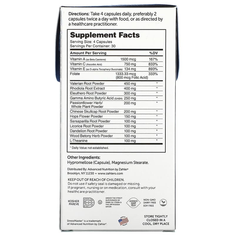 Zahler StressMaster Relaxation Support Formula 120 Capsules 2 Thành phần vi chất của Zahler StressMaster Relaxation Support Formula 120 Capsules 848998080792