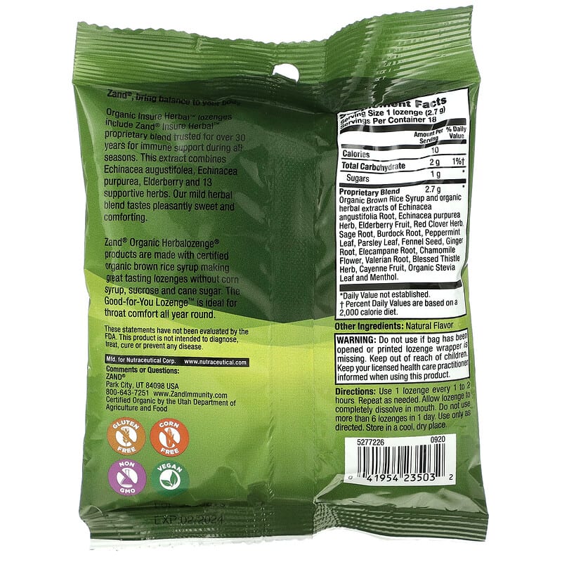Zand Naturals Insure Herbal 18 Throat Lozenges 2 Thành phần vi chất của Zand Naturals Insure Herbal 18 Throat Lozenges 041954235032