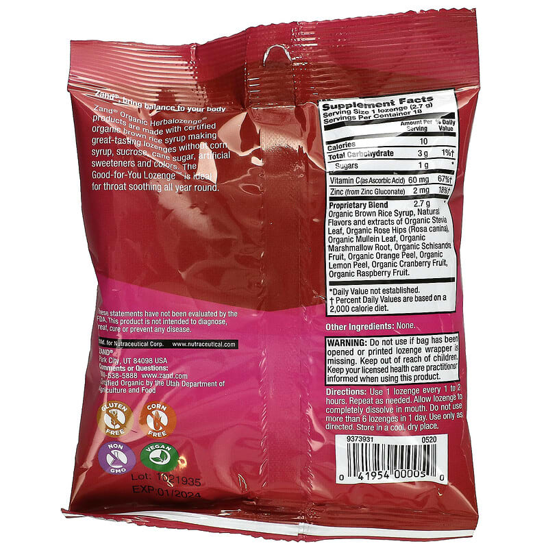 Zand Naturals Organic CranRaspberry 18 Throat Lozenges 2 Thành phần vi chất của Zand Naturals Organic CranRaspberry 18 Throat Lozenges 041954000050