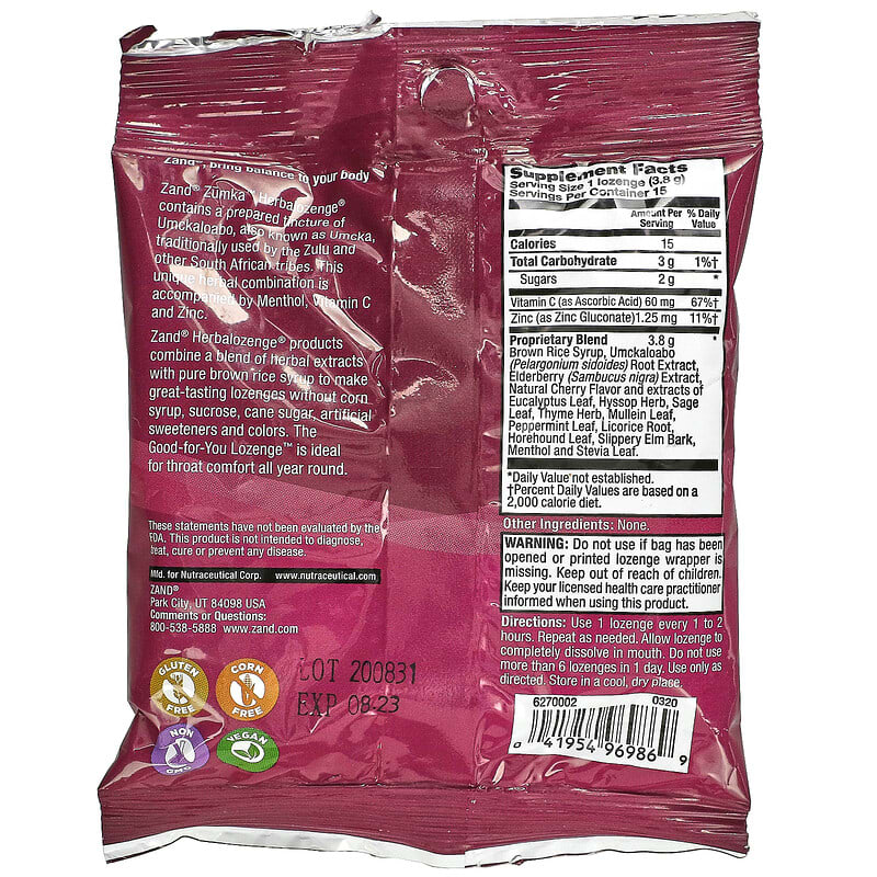 Zand Naturals Zumka Cherry Menthol 15 Throat Lozenges 2 Thành phần vi chất của Zand Naturals Zumka Cherry Menthol 15 Throat Lozenges 041954969869