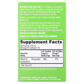 Thành phần vi chất của Zarbee's Baby Vitamin D 0.47 fl oz (14 ml) 858438005315