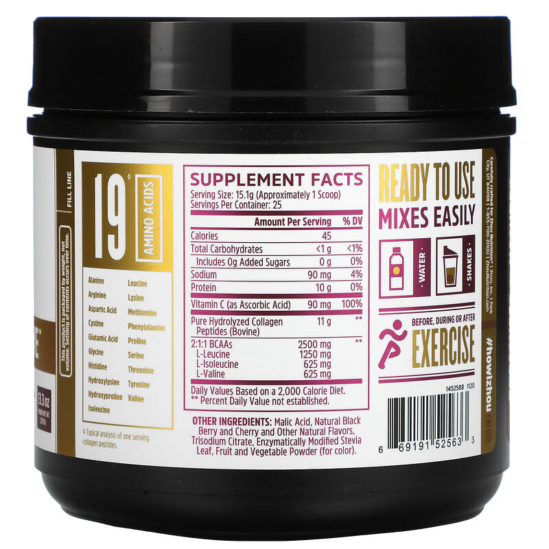 Zhou Nutrition Collagen Active Black Berry and Cherry 13.3 oz (378 g) 2 Thành phần vi chất của Zhou Nutrition Collagen Active Black Berry and Cherry 13.3 oz (378 g) 669191525633