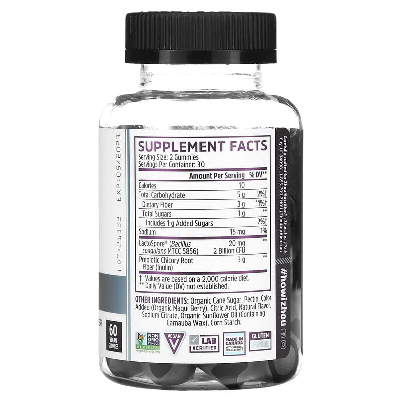 Zhou Nutrition Gut Guru Blue Raspberry 60 Vegan Gummies 2 Thành phần vi chất của Zhou Nutrition Gut Guru Blue Raspberry 60 Vegan Gummies 669191811811