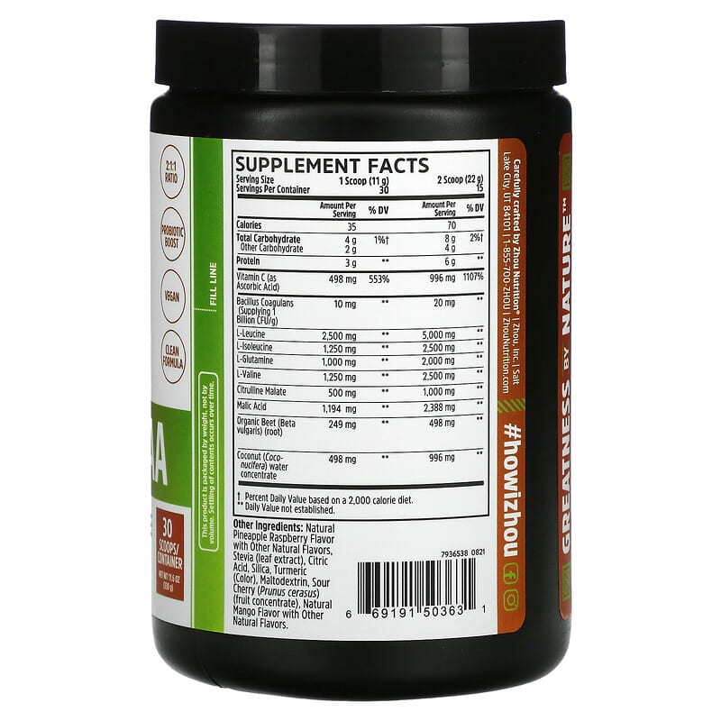 Zhou Nutrition Muscle BCAA Maximum Muscle Formula Tropical Punch 11.6 oz (330 g) 2 Thành phần vi chất của Zhou Nutrition Muscle BCAA Maximum Muscle Formula Tropical Punch 11.6 oz (330 g) 669191503631