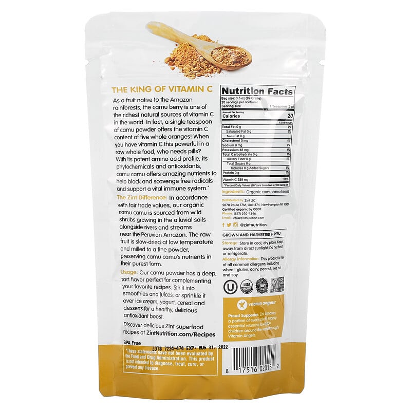 Zint Organic Camu Camu Powder 3.5 oz (99 g) 2 Thành phần vi chất của Zint Organic Camu Camu Powder 3.5 oz (99 g) 817516020152