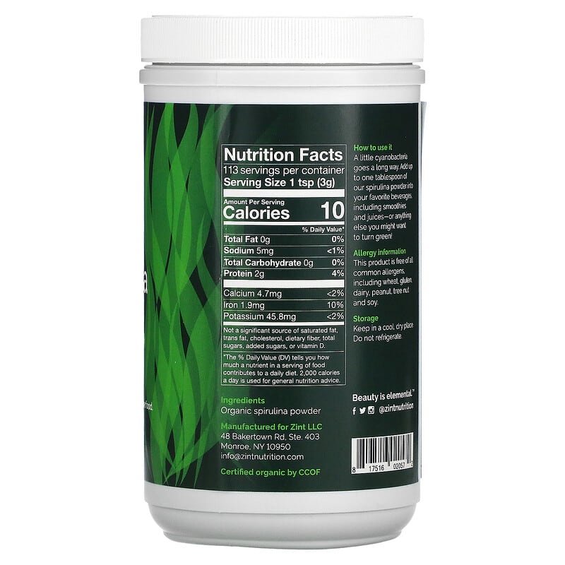 Zint Organic Spirulina Powder 12 oz (340 g) 2 Thành phần vi chất của Zint Organic Spirulina Powder 12 oz (340 g) 817516020572