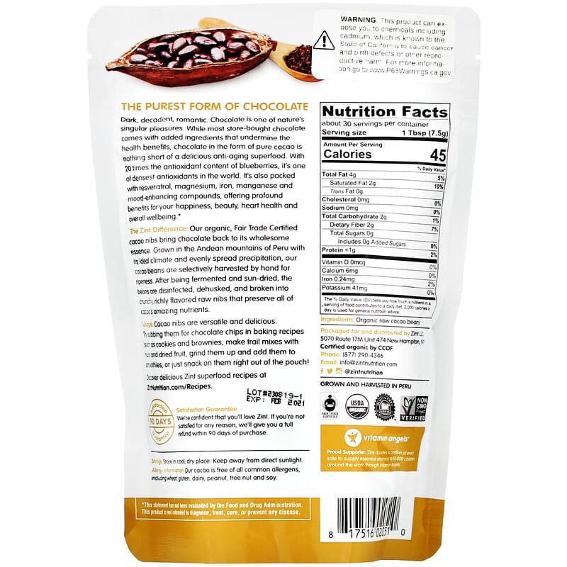 Zint Raw Organic Cacao Nibs 8 oz (227 g) 2 Thành phần vi chất của Zint Raw Organic Cacao Nibs 8 oz (227 g) 817516020510