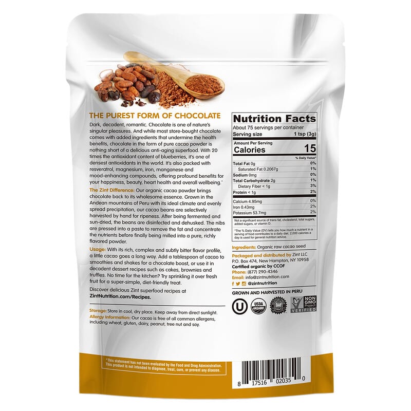 Zint Raw Organic Cacao Powder 8 oz (227 g) 2 Thành phần vi chất của Zint Raw Organic Cacao Powder 8 oz (227 g) 817516020350